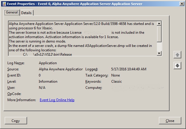 Windows Application Event for an Alpha Anywhere Application Server license that is already in use